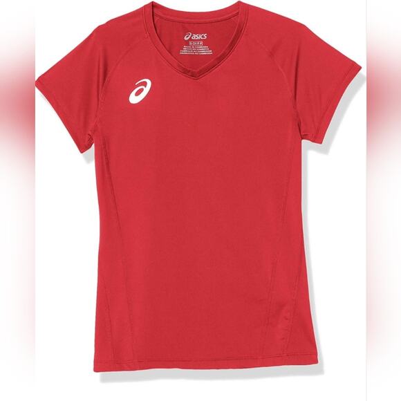 Asics Motion Dry Jersey Red V-neck Short Sleeve Stretch Shirt Med Athleisure - Picture 1 of 7
